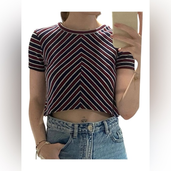 ZARA Trafaluc Striped Knit Crop Top Navy Red White Size M - Picture 1 of 5
